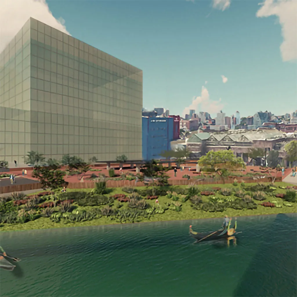 Proyecto urbano con áreas verdes y agua.