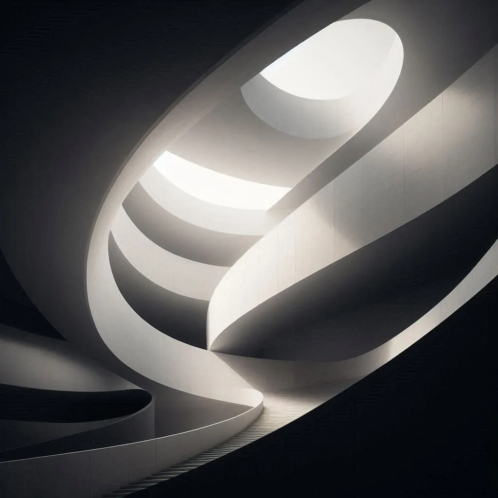 Estructura arquitectónica minimalista con rampas y escaleras en espiral iluminadas por luz natural desde aberturas superiores.