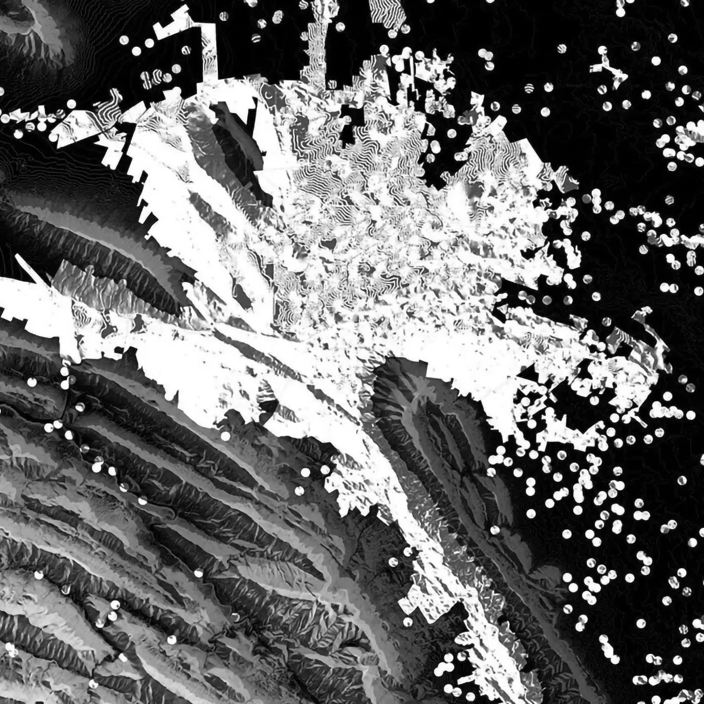 Imagen abstracta en blanco y negro con patrones detallados y puntos blancos